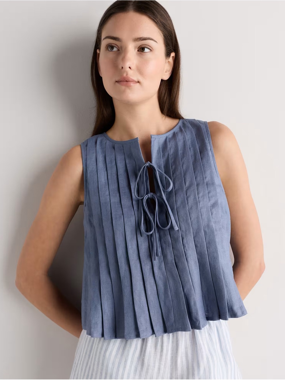 Sleeveless Pleated Tie-Front Top in Dusty Blue